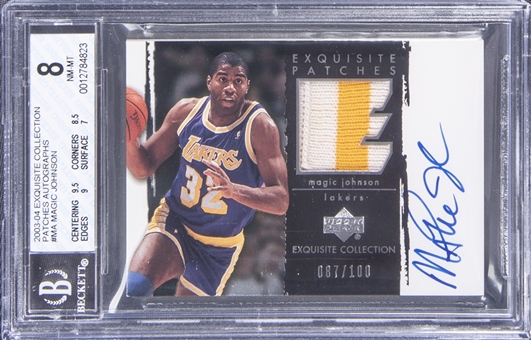 2003-04 UD "Exquisite Collection" Patches Autographs #MA Magic Johnson Signed Patch Card (#087/100) - BGS NM-MT 8/BGS 10